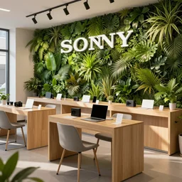 modern telecommunications retail store, demo devices, green lush plant wall, private consulting booths, realistic, ultra hyper detail, photograph, golden ratio, sony camera