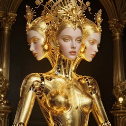 portrait of an absurdly beautiful, graceful, sophisticated, fashionable futuristic female golden robot with human eyes and two heads, glowing internal warm light, hyperdetailed illustration by irakli nadar and alexandre ferra, intricate linework, faberge, intricate gold headdress, dark atmosphere, unreal engine 5 highly rendered, global illumination, radiant light, detailed and intricate environment