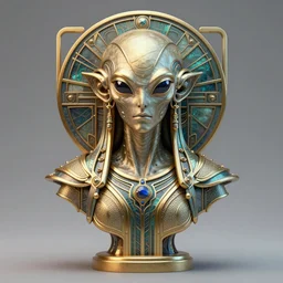 a futuristic bust of an alien deity, in the style of art deco