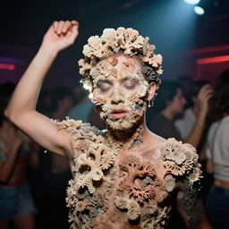 realistic photo of a blurred face of a queer individual, covered in shriveling dead coral reef, emitting aura, dancing freely in a gay night club circuit party with a spotlight shining on them 1 9 6 0, life magazine photo, natural colors, metropolitan museum, kodak, 8 k, very detailed, high resolution, product photo,