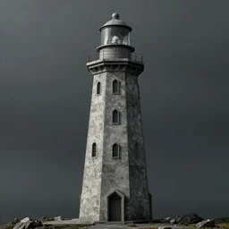 detailed intricate geometric lighthouse, made of stone and concrete, brutalism style, dark and misty, full shot, full height, 8K octane render