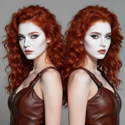 two fierce looking beautiful young women warriors with curly red hair and symmetrical white makeup standing side by side, wrapped in leather straps, wearing an intricate head dress made from bones and leather, painted by turner, intricate linework, radiant light, detailed and intricate environment