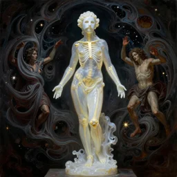 Beautiful full-body wax sculpture of glowing transparent woman in light mask with visible gold bones covered with melted white wax inside the singularity where stars becoming baroque folds of dark matter by Michelangelo da Caravaggio, Nicola Samori, Alex Grey, William Blake and Beksinski, dramatic volumetric lighting, highly detailed oil painting, 8k, masterpiece