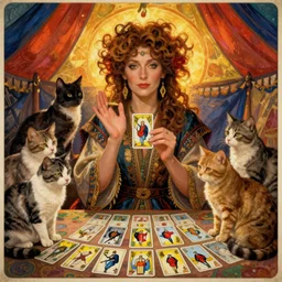 Caucasian fortune teller lady with curly hair, with cats on her side, a spread of tarot cards on a table in front of her, in a colorful tent, Alphonse Mucha, art nouveau poster style
