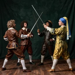 realistic cyrano de bergerac sword fight against four men by vermeer