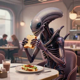a concept art of a xenomorph in a cafe eating a sandwich, futuristic interior, art by cushart krentz and greg rutkowski, elegant, sharp focus, morandi color scheme, fantasy style, illustration, high quality, digital art, hyperrealism, octane render, commission art, global illumination