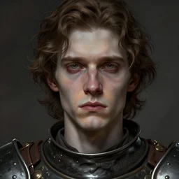 portrait painting of a pale serious young man with soft face and medium brown wavy hair wearing armor, ultra realistic, concept art, intricate details, eerie, highly detailed, pursed lips, melancholy expression, photorealistic, upturned snub nose, prominent chin, octane render, 8 k, unreal engine. art by artgerm and greg rutkowski and charlie bowater and magali villeneuve and alphonse mucha