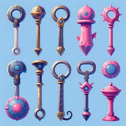 game asset of survival tools and equipments, in gouache detailed paintings, props, stylized, 2 d sprites, kitbash, arcane, overwatch, blue and pink color scheme, 8 k, close up