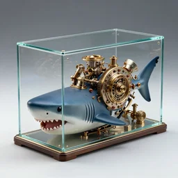 a glass rectangle box, a shark! head! in the front half, steam punk engine in the back half