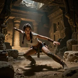 lara croft narrowly escaping a deadly trap in a dimly lit underground dungeon, ancient tombs in the background, in the style of ross tran