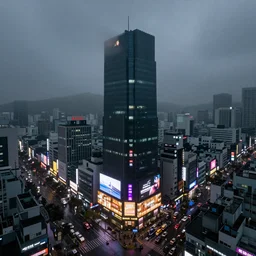 korean cityscape, high rises, billboard ads, neon signs, overcast, foggy, raining, depressing, ominous, imposing, industrial, view from above, dramatic illumination, multi colored lighting, highly detailed, ultra realistic, 8 k, cityscape photography by nathan walsh