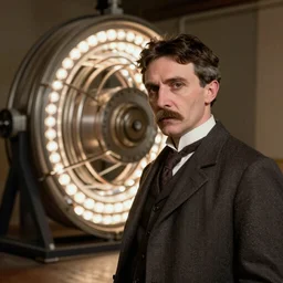 Portrait of Nikola Tesla near the giant coil with lightings, photorealistic