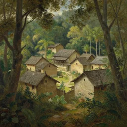 an ancient village in the woods, painting by jeffrey smith