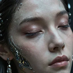 ultra realistic beautiful cyborg deity eyes closed, scifi, cyberpunk, fantasy, intricate details, movie still, highly detailed, photorealistic, octane render, eerie, 8k, art by artgerm and michael welan