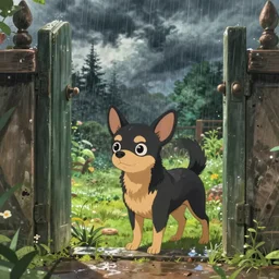 A black and tan chihuahua looks through her garden gate, cel shaded cartoon in the style of studio Ghibli, stormy weather, raining, wet, morning, cinematic lighting