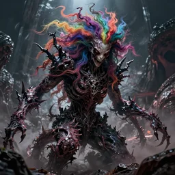 a brutal terrifying and mysterious weird monster of chaos warped in horror with long rainbow - colored hair, her skin has gaps, spikes, and complex alien textures, terrifying and mysterious