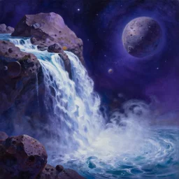 waterfall in asteroid field, purplish blueish space with stars in background, ultra detailed, high quality, artstation award winner, oil painting, digital painting, 8k, vibrant, ultra detailed water
