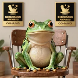 A photo of a cat frog hybrid, sitting on a chair, highly detailed, 4k, award winning photo