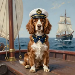 A painted portrait of an entirely brown springer spaniel with no white hair, wearing a sea captain's uniform and hat, stood aboard a ship at sea, by Thomas Gainsborough, elegant, highly detailed, anthro, anthropomorphic dog