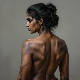 portrait painting of dark muscular indian woman back, ultra realistic, concept art, intricate details, eerie, highly detailed, photorealistic, octane render, 8 k, unreal engine. art by artgerm and greg rutkowski and alphonse mucha