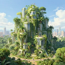 plant - draped futurist renewable city. joyful and sunny utopia, humans and nature in perfect harmony. concept art by ralph mcquarrie