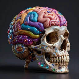 beautiful matte painting of psychedelic brain in a glittering jewelled skull by dan mumford and alex gray and lisa frank and chris dyer, HDR, vivid color, octane render, CGsociety