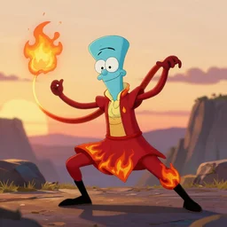 squidward tentacles wearing fire nation clothing and practicing firebending outside at susnset [ [ photorealistic ] ]
