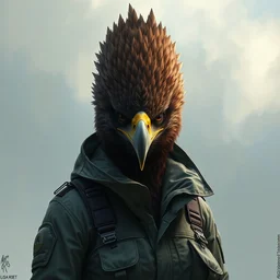 epic professional digital art of female human - eagle hybrid animal wearing air force jumpsuit, feathered head, eagle beak, painting, by lisa roet, reyna rochin, iris van herpen, leesha hannigan, artstation, cgsocietywlop, epic, much wow, much detail, gorgeous, detailed, cinematic, masterpiece