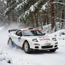 a 1 9 9 7 mazda rx - 7, racing through a rally stage in a snowy forest