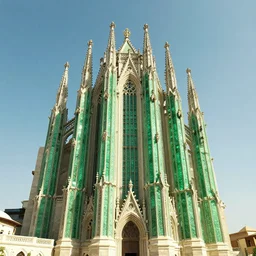 flying buttresses made out of glistening emerald, fusion between gothic and swahili architecture, digital art