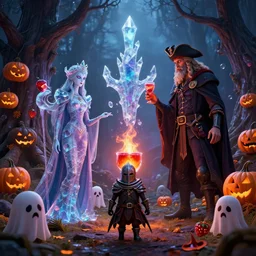 by par olofsson and jenni pasanen, visually stunning, cinematic, ultra realistic, hyper realism, 1 2 k, epic, octane render, unreal engine, vfx, maya, tiny knight of evil, crystalline oracle, spiritspeaker azun, felfire potion, the halloween tree, sad jack - o - lanterns, strawberry ghosts, patches the pirate