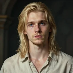 digital portrait of a skinny european male, longer blond hair, light stubble beard, wearing a light shirt, blue eyes, rugged, teenage, fantasy, wizard, trending artstation, relaxed expression, dark lighting, high detail, disco elysium art