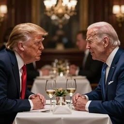 Donald Trump and Joe Biden having a romantic dinner date at a fancy fetish restaurant, award winning photography, 85mm, perfect faces