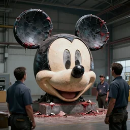 workers in hangar looking at broken bloody mickey mouse head, made by beeple, cgsociety, artgerm, greg rutkowski, highly detailed intricate 8 k art, low light cinematic,