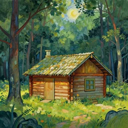 [ a log cabin in the forest ] [ van gogh ] [ trending on artstation ]