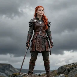 north female warrior, red hair, ginger hair, long hair, fantasy, female Viking, high detailed, photography, cloudy, lightweight leather armour, Scandinavia, plain, detailed face, cute face, look into the distance, professional model, glowing skin, serious face, full body, professional photographer, masterpiece, extremely detailed, professional camera, 50 mm, 8k, 3D