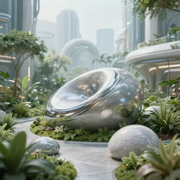 biophilic futuristic cyborg city garden close - up natural beautiful light interior soft cinematic composition of a granite metallic nebula fluid surreal scifi architecture landscape, furniture, people, trees, grass, flowers, water, glass walls, vincent callebaut composition, 8 k, unreal engine, hdr