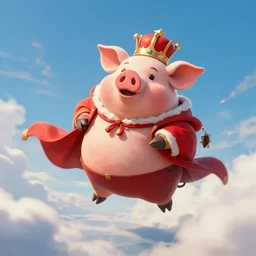 humanoid king pig with red clothes flying in heaven, digital art