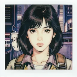 a film still polaroid portrait of a 1 9 8 0's girl adventurer, finely detailed features, closeup at the faces, perfect art, busy cyberpunk city, artstation, art by kim, ink manga style