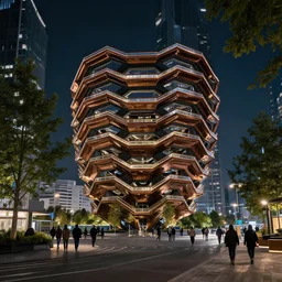 street view of organic building in city designed by zaha hadid with trees and people walking, cinematic, night time photograph, cinematic lighting, vfx film, ultrarealistic, artstation trending, 8 k