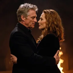 richard gere and meryl streep play two vampires hugging each other in dark flames, scene from film