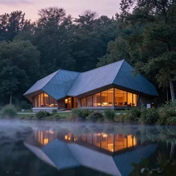 faceted roof planes lift and descend creating shade and architectural expression, house, highly detailed, situated in the forest, next to a highly reflective lake, at dusk, vivid color, 4 k photography, mist