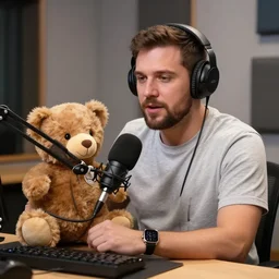 A teddy bear podcaster in his studio, speaking to the microphone, photo realistic