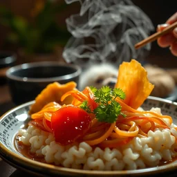 close - up focused dslr photograph of an japanese dinner, 8 k, high detail, volumetric lighting, hyperrealism, aesthetically pleasing, studio lighting, trending