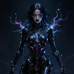 full shot of a beautiful woman covered by black oil, intricate lights, neon glow, scary light, bio luminescent, plasma, by hildebrandt, greg key art. fantasy illustration. award winning, artstation, intricate details, realistic, hyperdetailed, 8 k resolution.