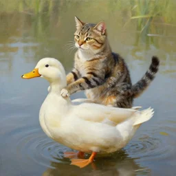 cat riding a duck, detailed oil painting