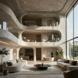 “a retro futuristic apartment with organic architecture and modern minimalist furnishings”