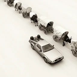 a birds - eye view monochromatic sepia photograph of a delorean in a line of covered wagons and cattle,