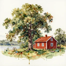 watercolor splash, paint drops, drips, aquarelle painting of oak tree and scandinavian red wooden cabin, swedish house, very very very beautiful, art by anders zorn, wonderful masterpiece by greg rutkowski, cinematic light, american romanticism by greg manchess, creation by tyler edlin