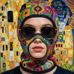 a close up of beautiful model wearing a balaclava and sunglasses surrounded by colourful intricate patterns, by gustave klimt edgar maxence and caravaggio and michael whelan, intricate painting, hyper realistic, extremely detailed and beautiful aesthetic face, 8 k resolution